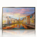 Art deco poster depicting a scenic European landscape in gold tones on a framed acrylic, suitable for modern art wall decor.