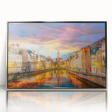 Large art print of a European Belgian landscape in muted greens and blues, framed in silver acrylic.