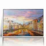 Mid-century modernist art depicting a European Belgian landscape in muted green and blue tones on a white-framed acrylic…