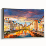 Landscape art painting of a scenic European village, with vibrant colors on framed canvas, ideal for living room decor.