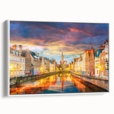 Vintage poster art of a colorful European scenery on framed canvas, ideal for living room decor.