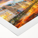 Art deco poster of a European Belgium scenery in muted earth tones on rolled canvas, suitable for dining room decor.