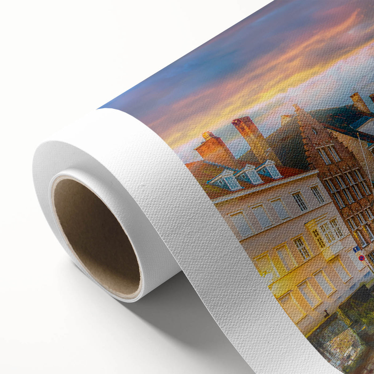 Art deco poster of a serene Belgian landscape in soft pastel colors, rolled canvas, ideal for nursery wall art.