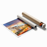 Rolled print of a serene Belgian landscape in muted green and blue tones, ideal for classy bathroom wall art.