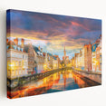 European cityscape in muted earth tones on a large stretched canvas, suitable for kitchen wall art.
