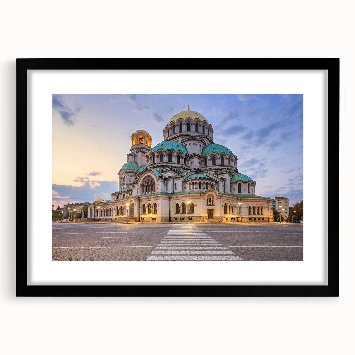 Extra large abstract art print of a colorful European scenery on a black framed canvas, ideal for living room decor.