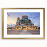 Abstract art print of a European Bulgarian landscape in muted earth tones on a gold-framed canvas.