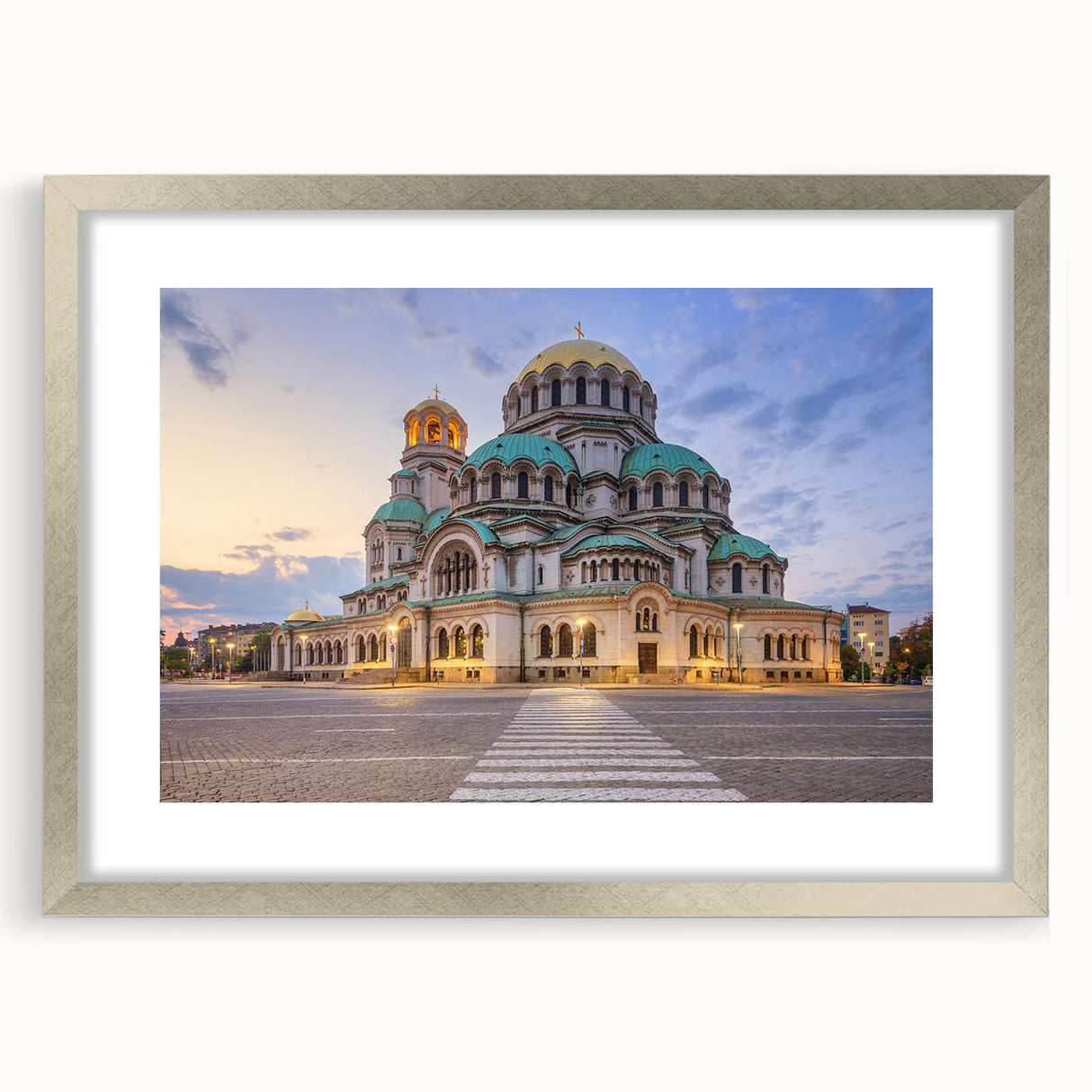 Extra large textured abstract art print of a European scenery, in muted earth tones, framed in silver.