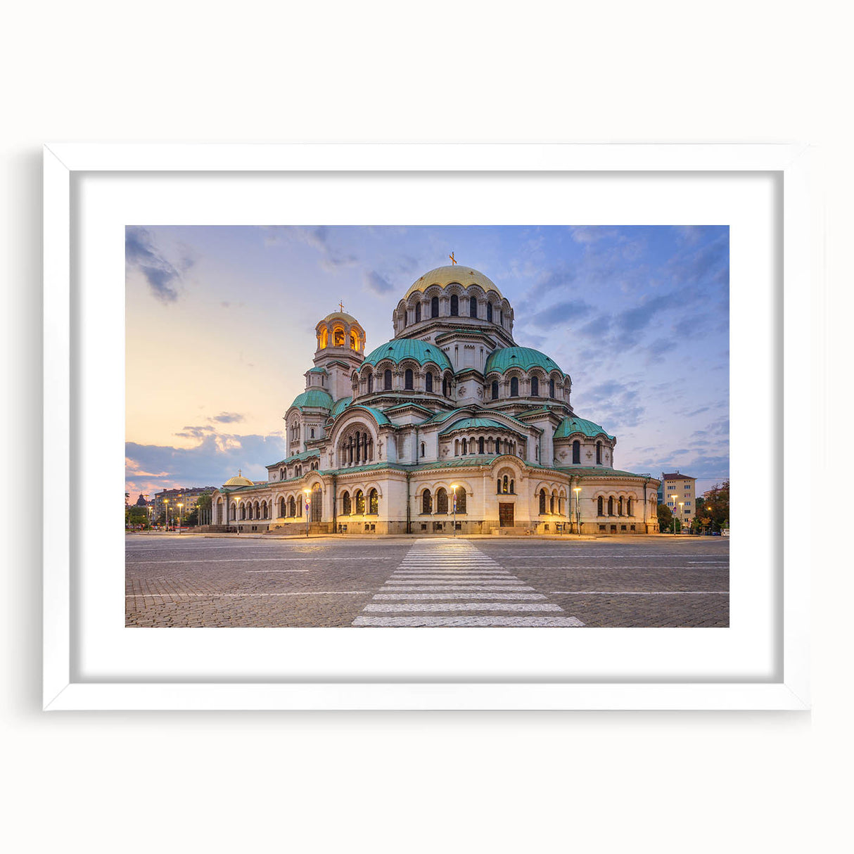Textured art print of abstract European scenery in muted earth tones on a white framed canvas, suitable for bedroom decor.