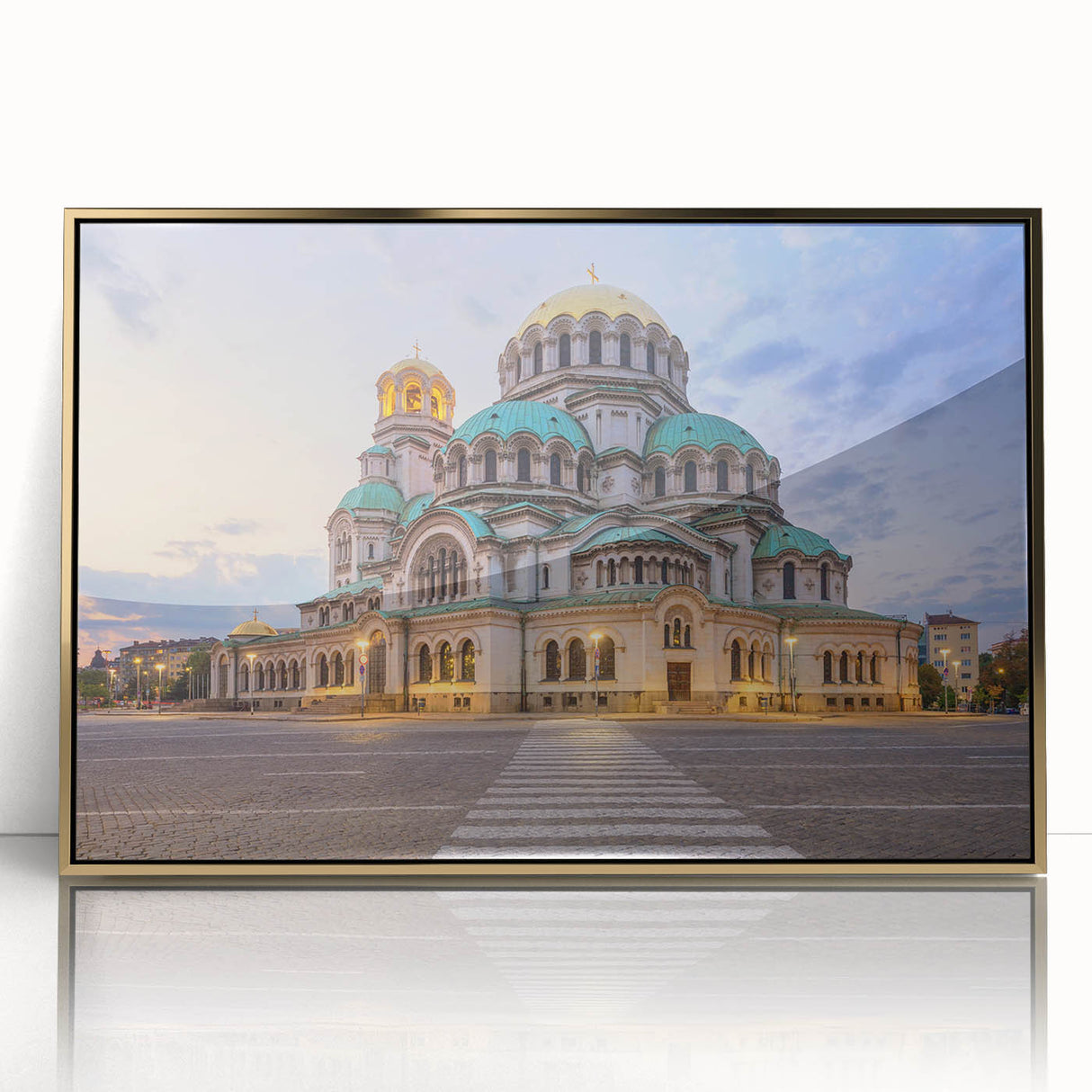 Art deco poster depicting a scenic Bulgarian landscape in muted gold and blue tones, framed acrylic.
