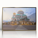 Art deco poster depicting a scenic Bulgarian landscape in muted gold and blue tones, framed acrylic.