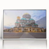 Framed acrylic print of a Bulgarian landscape in mid-century modernist style, featuring muted earth tones.