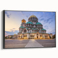 Black and white framed canvas of a Bulgarian landscape, featuring vintage poster art style, ideal for bedroom wall decor.