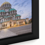 Extra large framed canvas featuring a textured depiction of a Bulgarian scenery in black with vibrant color accents.