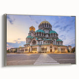 Framed canvas featuring a vintage-style landscape art painting of Bulgaria with colorful and black elements.