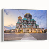 Vintage poster art of a European Bulgarian scene in colorful hues on a framed canvas, suitable for living room decor.
