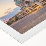 Art deco poster of a European cityscape in muted earth tones on rolled canvas, suitable for dining room decor.