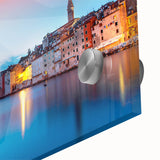 Large abstract wall art of a Croatian landscape in vibrant colors, printed on acrylic glass, ideal for dining room ambiance.