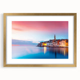 Abstract art print of a Croatian landscape, featuring muted earth tones in a gold frame, ideal for dining room decor.