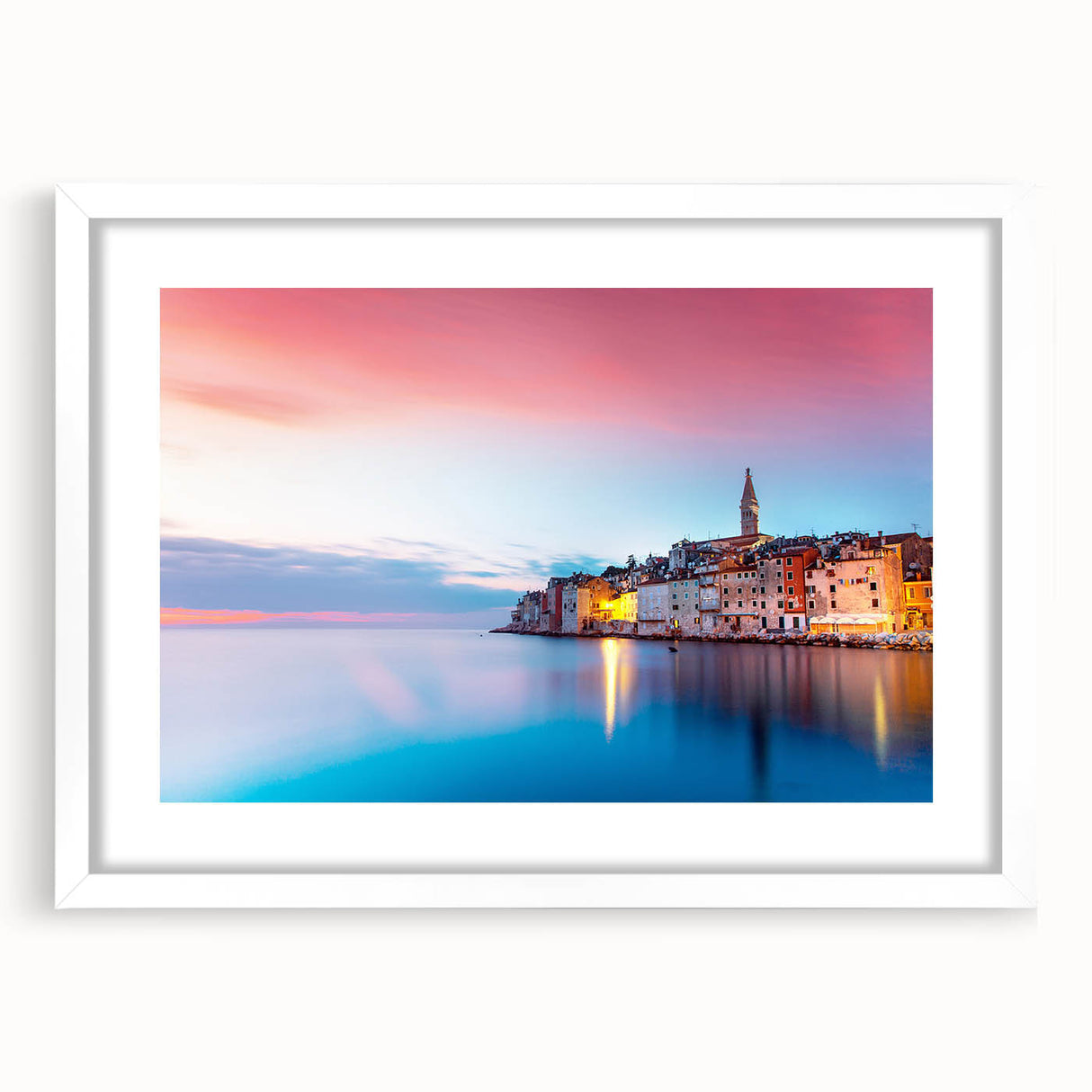 Textured abstract art print of a European Croatian landscape in muted earth tones, framed with a white mat.