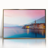 Art deco poster of a Croatian landscape in muted gold and blue tones, acrylic print, suitable for modern art wall decor.