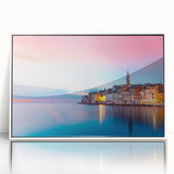 Mid-century modernist art depicting a serene Croatian landscape in muted earth tones, framed acrylic.