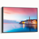 Black and white landscape art painting of a Croatian scene on framed canvas, suitable for bedroom wall decor.