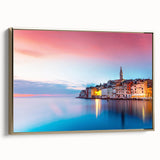 Framed canvas featuring a vintage-style landscape painting of a Croatian scenery, ideal for bedroom wall art.