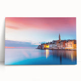Black and white photograph of a European coastal town on large stretched canvas, ideal for kitchen wall art.