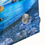 Large abstract wall art of a European Cyprus scenery in muted earth tones on acrylic glass.