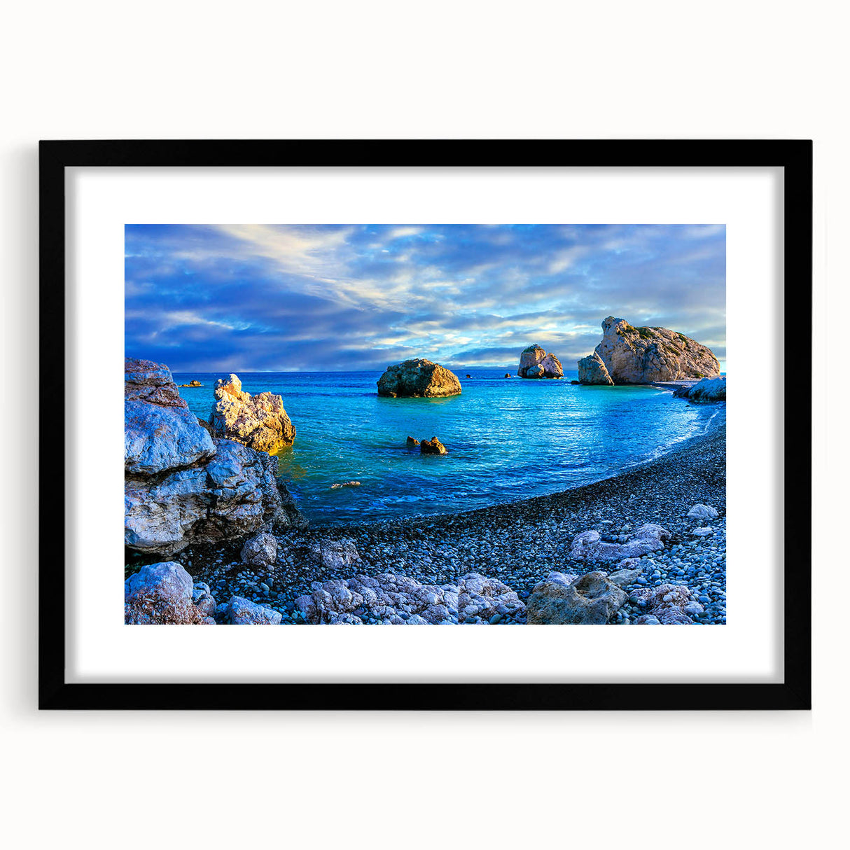 Abstract art print featuring textured, colorful art of a European scenery in Cyprus, framed in black.