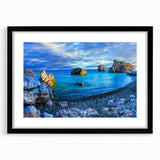 Abstract art print featuring textured, colorful art of a European scenery in Cyprus, framed in black.