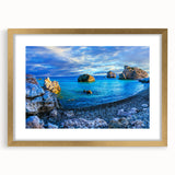 Abstract art print of a European Cyprus landscape in muted earth tones on a framed canvas, suitable for dining room decor.