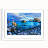 Textured abstract art print depicting a European Cyprus landscape, in muted earth tones on a framed white mat.