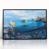 Large abstract wall art depicting a European Cyprus scenery in muted earth tones on a framed acrylic.