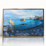 Art deco poster of a European Cyprus landscape in gold acrylic frame, suited for modern art wall decor.
