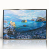 Large art print of a European Cyprus scenery in muted blue and green tones on a silver-framed acrylic.