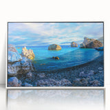 Mid-century modernist art depicting a European Cyprus landscape in muted earth tones on a framed acrylic print.