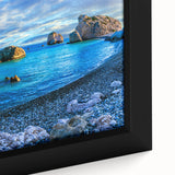 Extra large black wall art featuring a textured, colorful European-Cyprus scenery on a framed canvas.