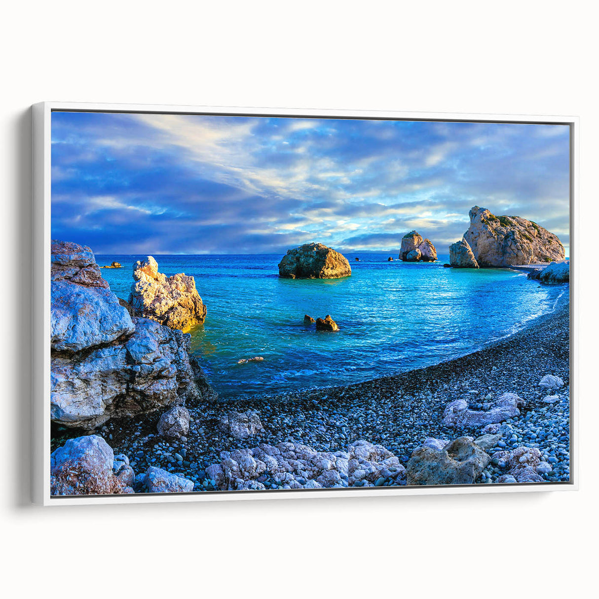 Framed vintage poster art of a scenic European Cyprus landscape with colorful elements on a white canvas.