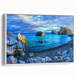 Framed vintage poster art of a scenic European Cyprus landscape with colorful elements on a white canvas.