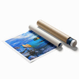 Extra large rolled print of a European Cyprus landscape with vibrant green and blue tones.