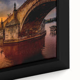 Extra large framed canvas of a textured Prague cityscape in black with colorful accents, ideal for living room decor.