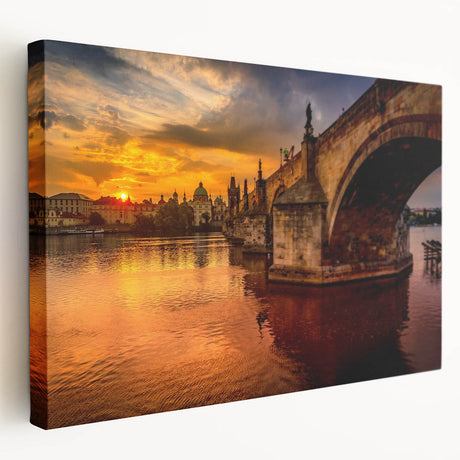 Large art depicting Prague skyline on stretched canvas, featuring muted earth tones, ideal for kitchen wall art.