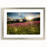 Extra large abstract art print of a textured European scenery in muted earth tones, framed in silver.