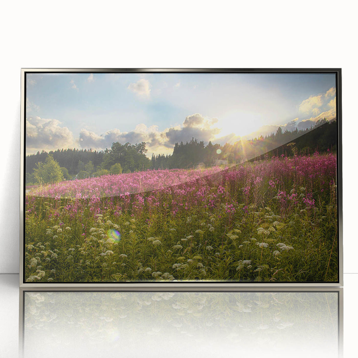 Large art print of a Czech Republic scenery in mid-century modernist style, framed in silver acrylic.