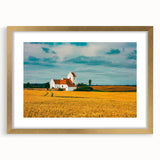 Abstract art print depicting a European scenery in muted earth tones, framed in gold, ideal for dining room decor.