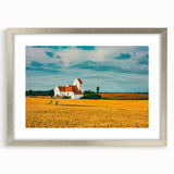 Extra large abstract art print of a European scenery in muted earth tones on a textured canvas, framed in silver.