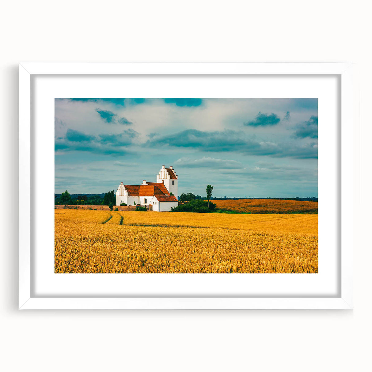 Textured abstract art print of European scenery in muted earth tones, framed with a white mat, ideal for bedroom art.