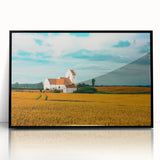 Large abstract wall art depicting a European cityscape in muted gray and blue tones on a framed acrylic.